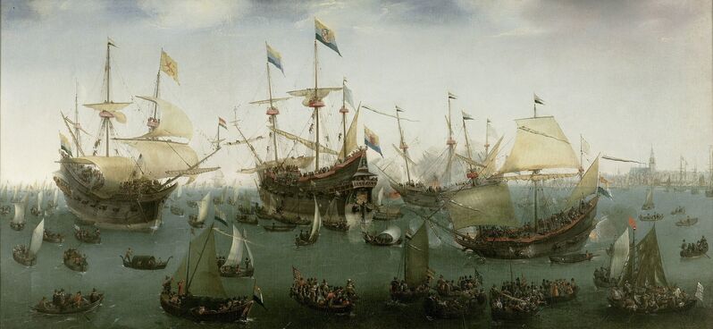 Hendrik Cornelisz Vroom, ‘The Return to Amsterdam of the Second Expedition to the East Indies’, 1599, Painting, Rijksmuseum