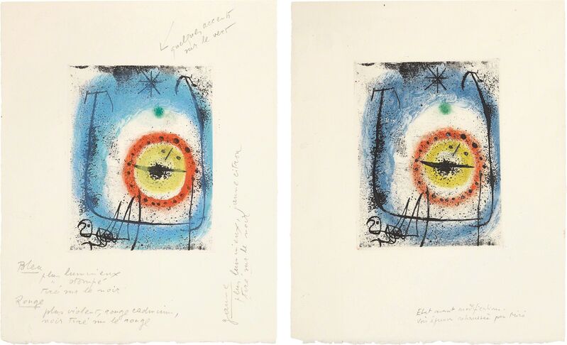 Joan Miró, ‘Le prophète (The Prophet): two impressions’, 1958, Print, Two etchings, including one with hand-coloring and one with aquatint in colors, on Rives BFK paper, with full margins, Phillips