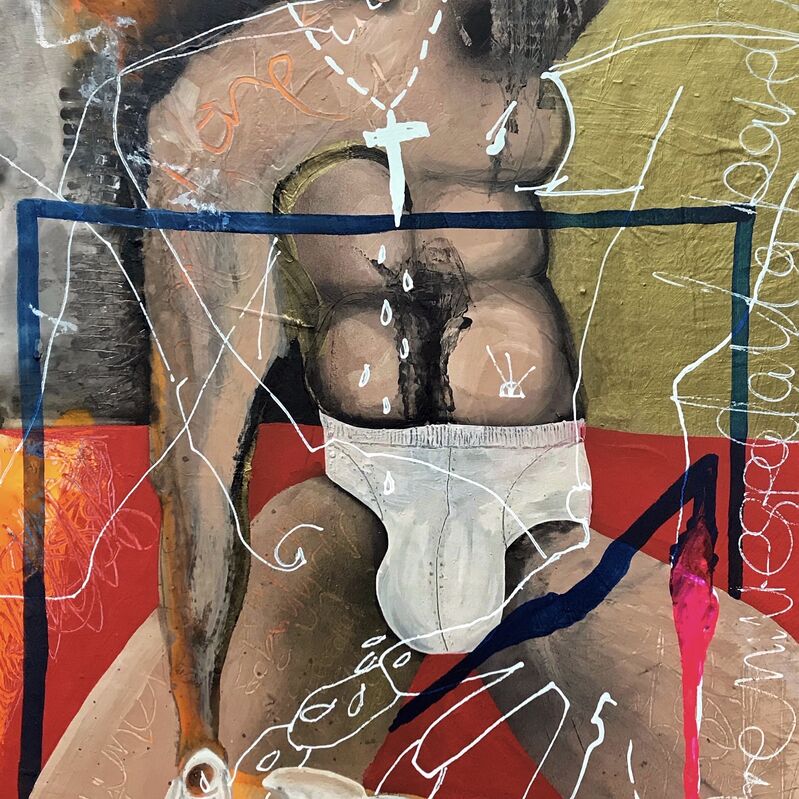 Elsoldelrac, ‘Entre mi Espada y la Pared (Between My Rock and a Hard Place)’, 2020, Painting, Acrylic and spray paint on cardboard, Sin Título Gallery