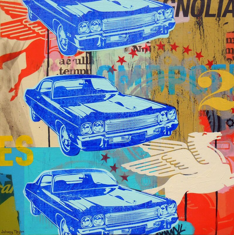 Johnny Taylor, ‘Blue Cars’, 2016, Painting, Acrylic, Screen Print and Marker on panel, Parlor Gallery