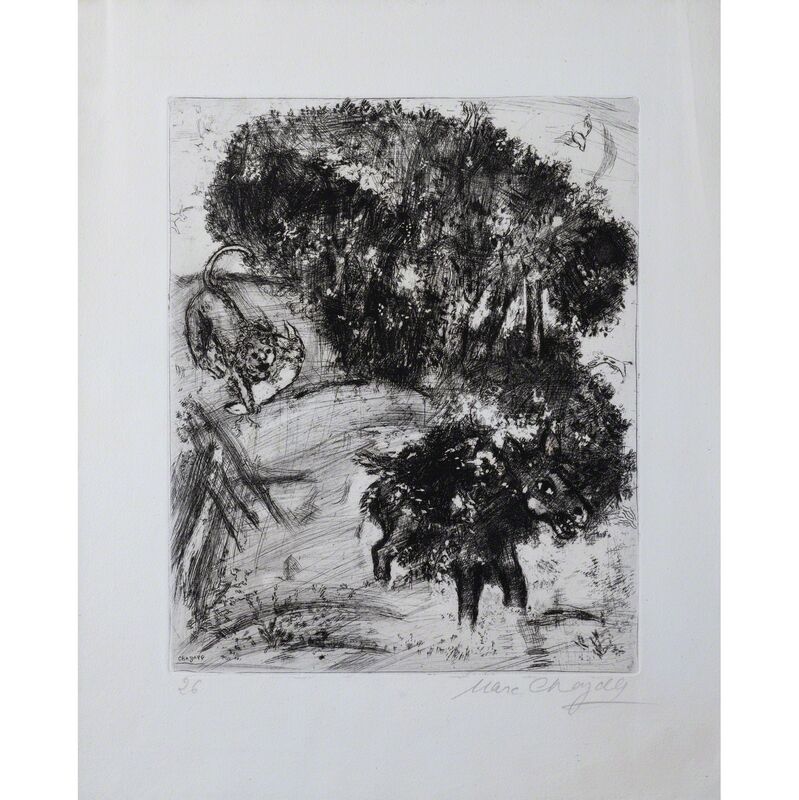 Marc Chagall, ‘Le lion et l'âne chassant, planche 26 issue de l'album "Les fables de Jean de la Fontaine"’, 1952, Print, Etching in black on verger paper, PIASA