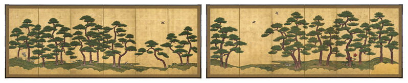Unknown Artist, ‘Pair of Six-Panel Screens, Pine Trees (T-3606L)’, Edo period (1615, 1868), 18th century, Painting, Ink and mineral colors on paper with gold leaf, Thomsen Gallery