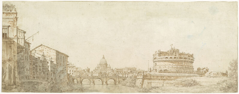 Giuseppe Zocchi, ‘View of Rome with the Dome of Saint Peter's and the Castel Sant' Angelo’, ca. 1750, Drawing, Collage or other Work on Paper, Pen and brown ink with sanguine, brown, and gray wash over graphite on laid paper, National Gallery of Art, Washington, D.C.