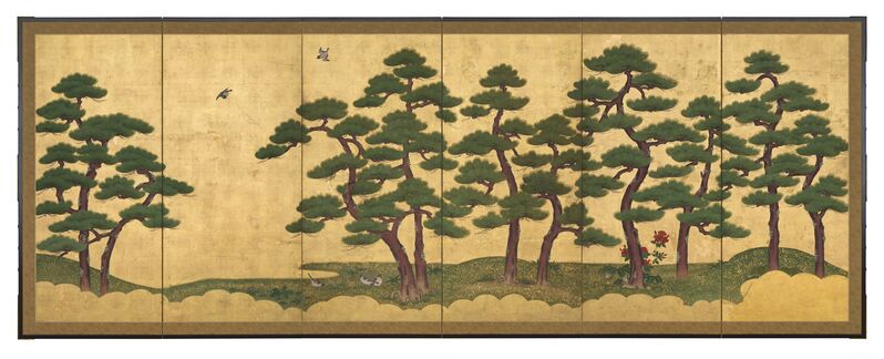 Unknown Artist, ‘Pair of Six-Panel Screens, Pine Trees (T-3606L)’, Edo period (1615, 1868), 18th century, Painting, Ink and mineral colors on paper with gold leaf, Thomsen Gallery