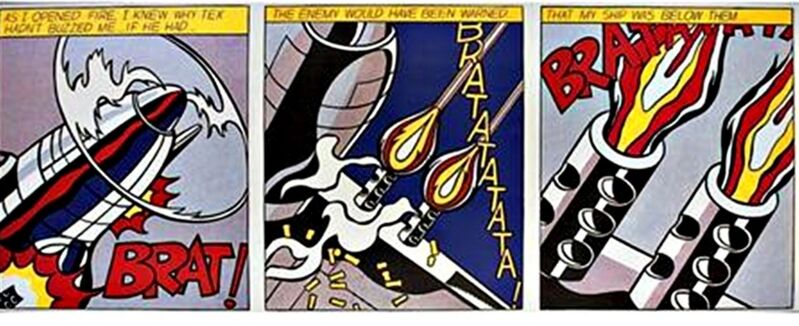 Roy Lichtenstein, ‘As I Opened Fire Triptych (Corlett App.5)’, 1964, Print, Set of three (3) color offset lithographs on wove paper. Museum stamped verso., Alpha 137 Gallery Gallery Auction
