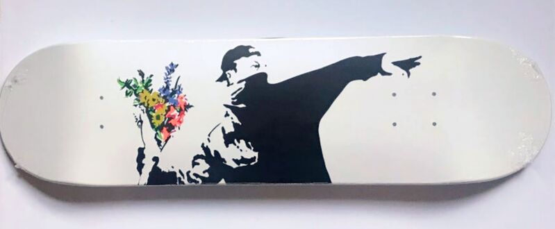 Banksy, ‘Flower Bomber Skate Deck’, 2018, Design/Decorative Art, Silkscreen on wood skateboard. Brand new in shrinkwrap., Alpha 137 Gallery Gallery Auction