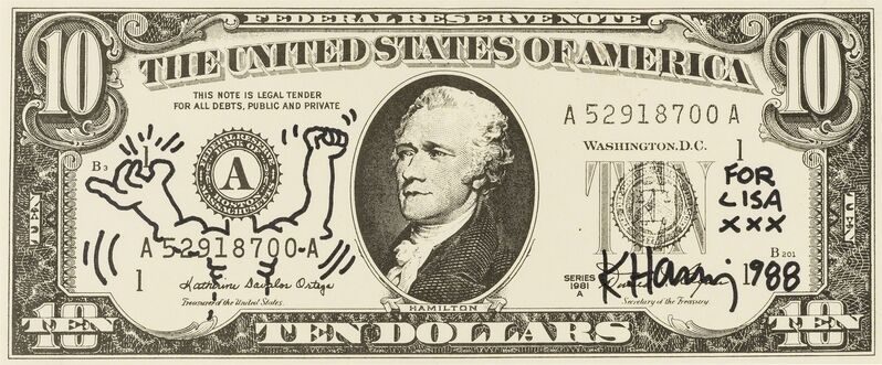 Keith Haring, ‘Dollar Bill Drawing (Bodybuilder)’, 1988, Mixed Media, Felt-tip pen on facsimile $10 bill, Forum Auctions