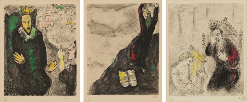 Marc Chagall, ‘The Bible series: three plates’, 1931-39, Print, Three etchings and aquatint with hand-coloring in watercolor, on Arches paper, with full margins., Phillips