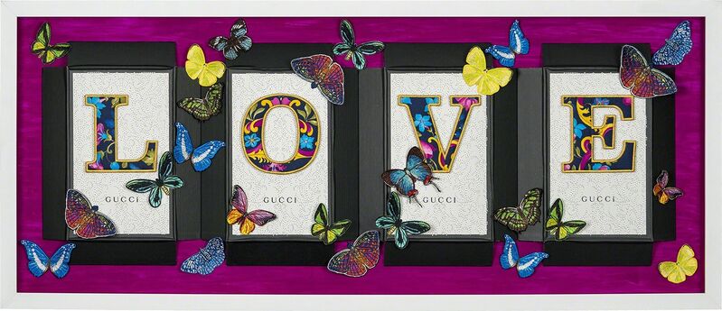Stephen Wilson, ‘Gucci LOVE on the Horizon,’, 2018, Textile Arts, Direct embroidery on Gucci boxes with embroidered butterflies and aerosol paint, Roman Fine Art