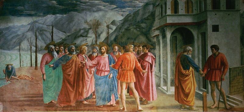 Masaccio, ‘Jesus, Saint Peter and the tax collector (Matthew 17, 24-27) (Tribute Money)’, 1426-1427, Painting, Fresco, Art History 101