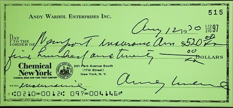 Andy Warhol, ‘Andy Warhol Enterprises, Inc. Enlarged Bank Check’, 1970, Posters, Offset lithograph poster. unframed, Alpha 137 Gallery Gallery Auction