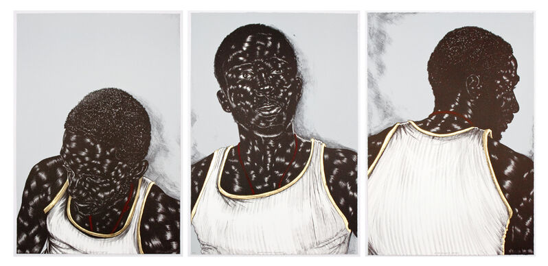 Toyin Ojih Odutola, ‘Birmingham (left, middle, right)’, 2014, Print, Three, four-colored lithographs with gold leaf, Tamarind Institute