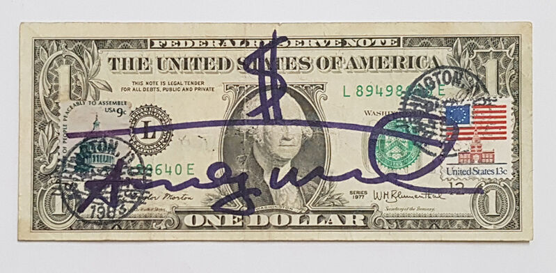 Andy Warhol, ‘One Dollar Bill’, 1983, Other, Mixed media on one dollar bill, postage stamp, Galerie Andreas Binder