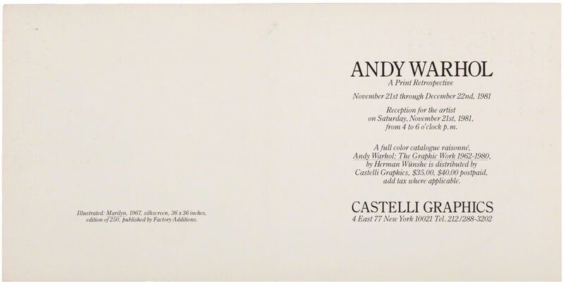 Andy Warhol, ‘Marilyn Invitation (Castelli Graphics)’, 1981, Print, Screenprint on Lenox Museum Board, Revolver Gallery