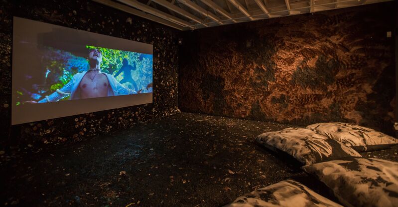 Korakrit Arunanondchai/Alex Gvojic, ‘There's a word I'm trying to remember, for a feeling I'm about to have (a distracted path towards extinction)’, 2016-2017, Installation, Mixed media installation with single-channel video, earth, found objects, and bleached black denim pillows, Singapore Art Museum (SAM)