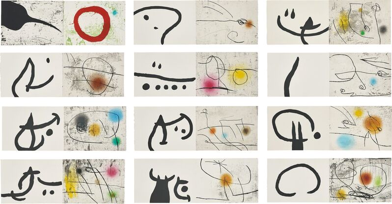 Joan Miró, ‘Lapidari "Llibre de les propietats de les pedres" (Lapidary "Book of the Property of Stones")’, 1981, Print, The complete set of 24 prints including 12 etching and aquatints in colors and 12 etchings in black, on 12 sheets of Arches paper, the full sheets, folded (as issued), with colophon, title page, texts, and original linen-covered portfolio with printed spine and semi-precious stone., Phillips