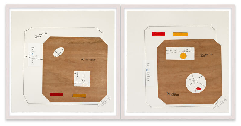 Lawrence Weiner, ‘1/2 WAY TO HEAVEN - KNOW AND KNOW NOT’, 1992, Print, Diptych; hardground etching and Chine collé (BFK Rives) over Chine collé (photogravure on cherry wood veneer) and rubber stamp on Arches paper, Marian Goodman Gallery