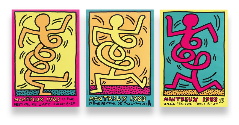 Keith Haring, ‘Montreux Jazz De Festival (Green, Pink & Yellow)’, 1983, Print, Three screen prints in colours on wove paper, Tate Ward Auctions