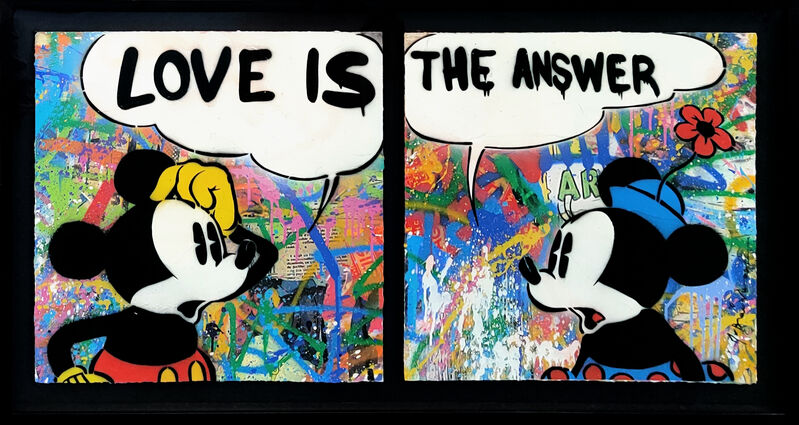 Mr. Brainwash, ‘LOVE IS THE ANSWER DIPTYCH (MICKEY & MINNIE MOUSE)’, 2016, Painting, STENCIL & MIXED MEDIA ON PAPER, Gallery Art