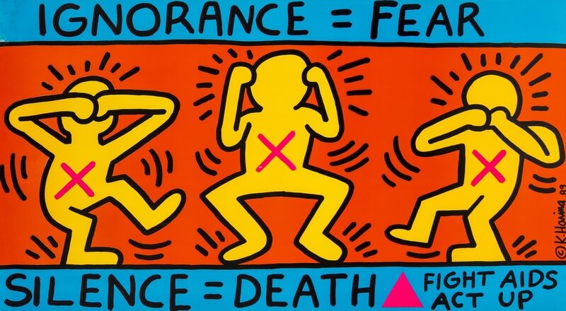 Keith Haring, ‘Ignorance = Fear. Silence = Death. Fight AIDS. Act-UP (Prestel 83)’, 1987, Print, Offset lithograph printed in colours, Forum Auctions