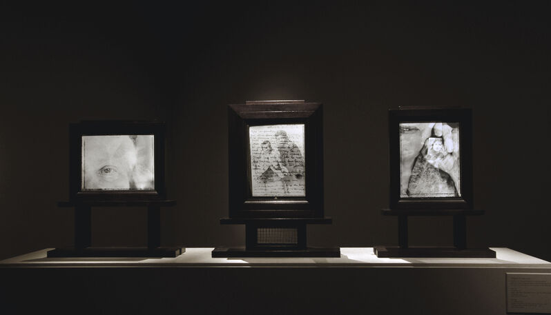 Muriel Hasbun, ‘Triptych I, 1996-2003, from the series Protegida  / Watched Over: Auvergne-Hélène’, 1996-2003, Photography, 4 gelatin silver prints and patterned fabrics in three wooden frame constructions, RoFa Projects