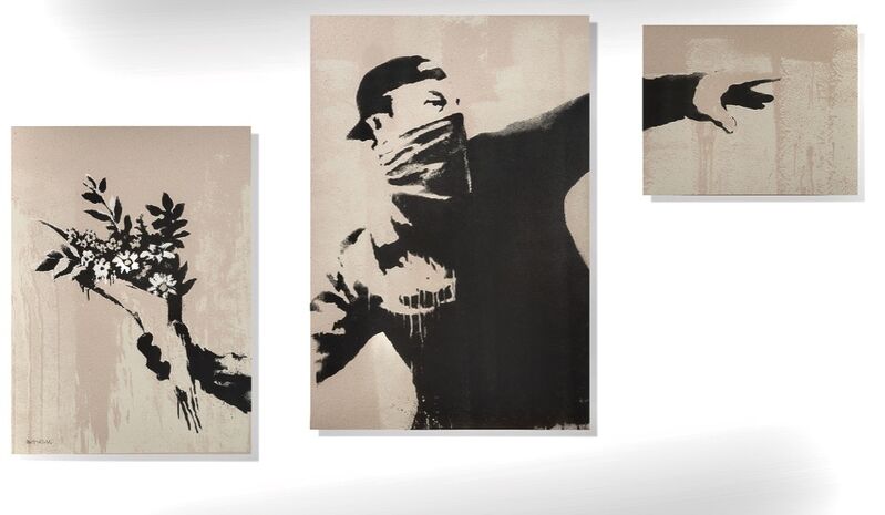 Banksy, ‘Thrower’, 2020, Painting, Triptych of Spray paint stencils on 3 Canvas framed, AYNAC Gallery