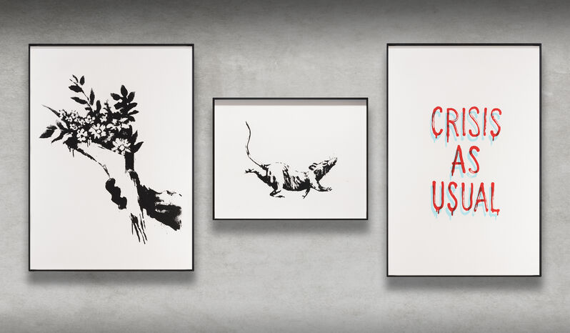 Banksy, ‘GDP Flower Thrower, GDP Rat & GDP Crisis As Usual’, 2019, Ephemera or Merchandise, A complete set of three screen prints on 50gsm paper, Tate Ward Auctions