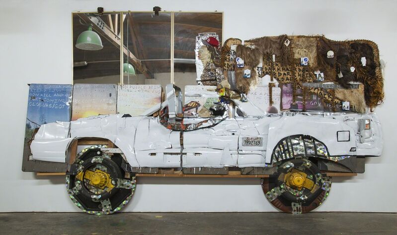 Aaron Fowler, ‘El Comino Wagon’, 2017, Installation, Conference tables, poker tables, mirrors, found car body parts, Blonde wigs, mirror, fitted caps, CDs, speakers, tires, a fan, photographs from a California road trip, screws, acrylic, enamel paint , Hammer Museum 
