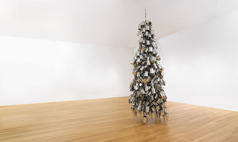 Subodh Gupta, ‘OK Mili’, 2005, Sculpture, Stainless steel tiffin boxes, armature, CD ROM, Galerie Thomas