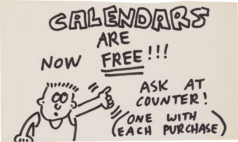 Keith Haring, ‘Pop Shop Signage (Free Calendars)’, 1988, Drawing, Collage or other Work on Paper, Marker on paper, Phillips