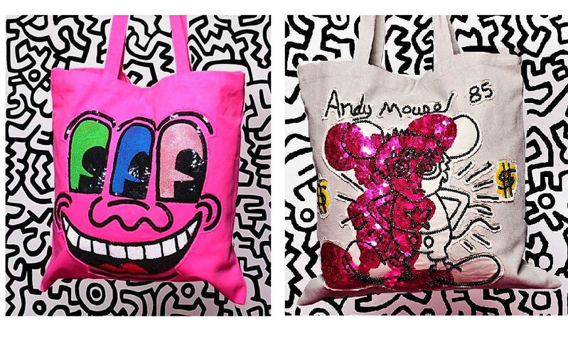 Keith Haring, ‘SET of 2-  "ANDY MOUSE" (taupe) & "3-EYES", Prototype Tote Bags, 2010, House of Patricia Field's, Hand Crafted Sequin/Beaded, RARE’, 2010, Fashion Design and Wearable Art, Hand crafted sequin/beaded., VINCE fine arts/ephemera