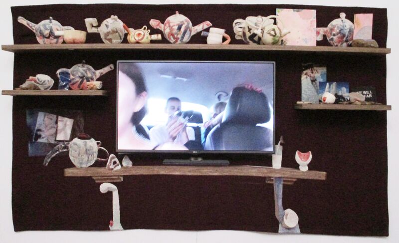 Laure Prouvost, ‘The TV Mantelpiece’, 2016, Installation, Tapestry, shelf, ceramics, TV screen , teabags, knife, acrylic, paintings and stone, video, Galerie Nathalie Obadia