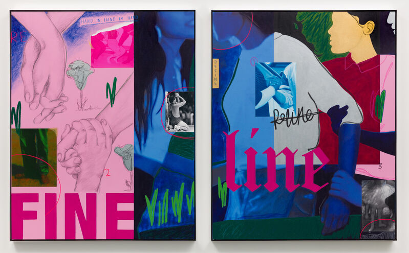 Gabriella Sanchez, ‘Define, Fine, Refine ’, 2020, Painting, Acrylic, oil stick, graphite, oil pastel,  archival pigment prints on two canvases  in high polished aluminum frames, Charlie James Gallery