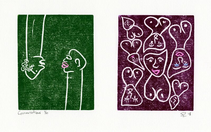 Sara Zielinski, ‘Conversations’, 2018, Print, Linocut with hand coloring, Childs Gallery