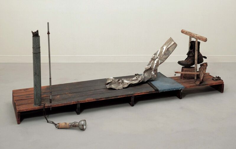 Robert Rauschenberg, ‘Trophy IV (for John Cage)’, 1961, Combine: metal, fabric, leather boot, wood, and tire tread on wood with chain and flashlight, Robert Rauschenberg Foundation