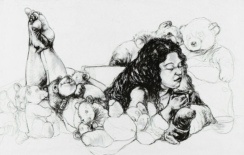 Diane Victor, ‘Reclining Woman with Teddy Bears’, Drawing, Collage or other Work on Paper, Charcoal on paper, Strauss & Co