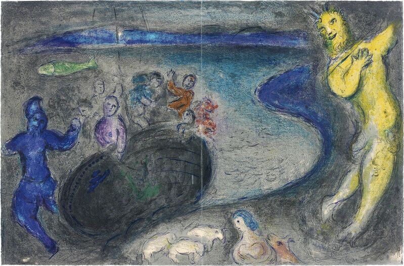 Marc Chagall, ‘Le Songe du Capitaine Bryaxis (Captain Bryaxis' Dream), pl. 21 from Daphnis et Chloé’, 1961, Print, Lithograph in colours, on Aches paper, the full sheet with central vertical fold (as issued), Phillips
