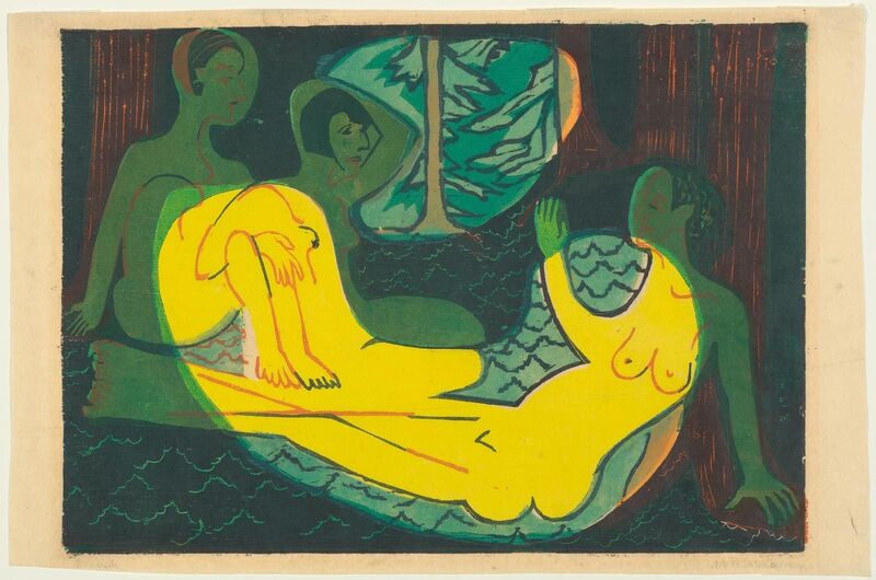 Ernst Ludwig Kirchner, ‘Drei Akte im Wald’, 1933, Print, Colour woodcut, 5th state (final state. One of the 17 known examples of this state), Koller Auctions