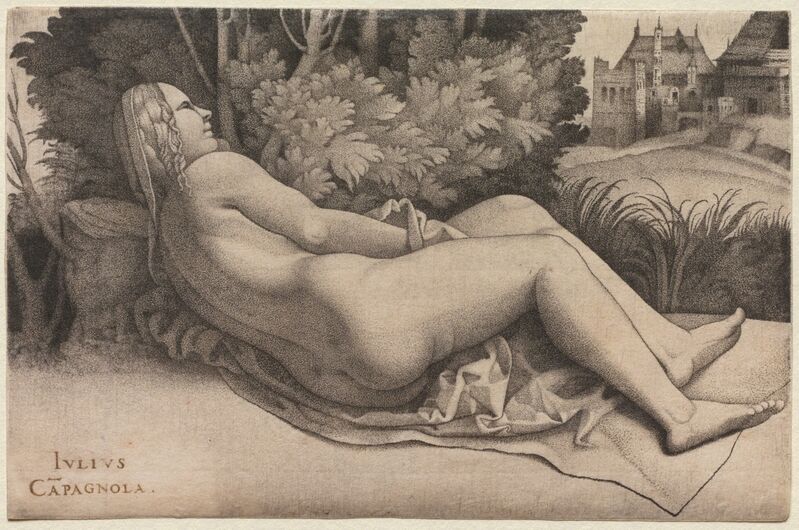 Giulio Campagnola, ‘Venus Reclining in a Landscape’, c. 1508-1509, Engraving, Cleveland Museum of Art