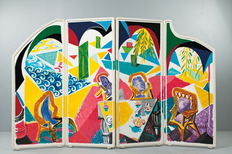 David Hockney, ‘Caribbean Tea Time from the series Moving Focus’, 1985-87, Print, Color lithograph with hand-coloring and collage on eight sheets of TGL handmade paper, assembled together in a four-panel, folding, contoured, lacquered, and hand-painted wood floor screen, with four screenprinted plastic panels on the reverse, all designed by the artist,, Skinner