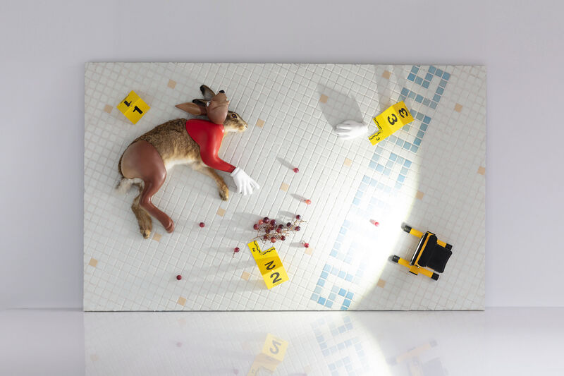 Charles Degeyter, ‘A Rite Still Fresh’, 2019, Mixed Media, Bathroom mozaic tiles, taxidermy hare, forensic markers, fake grapes, site spot, epoxy clay and airbrush on concrete plywood, Tatjana Pieters