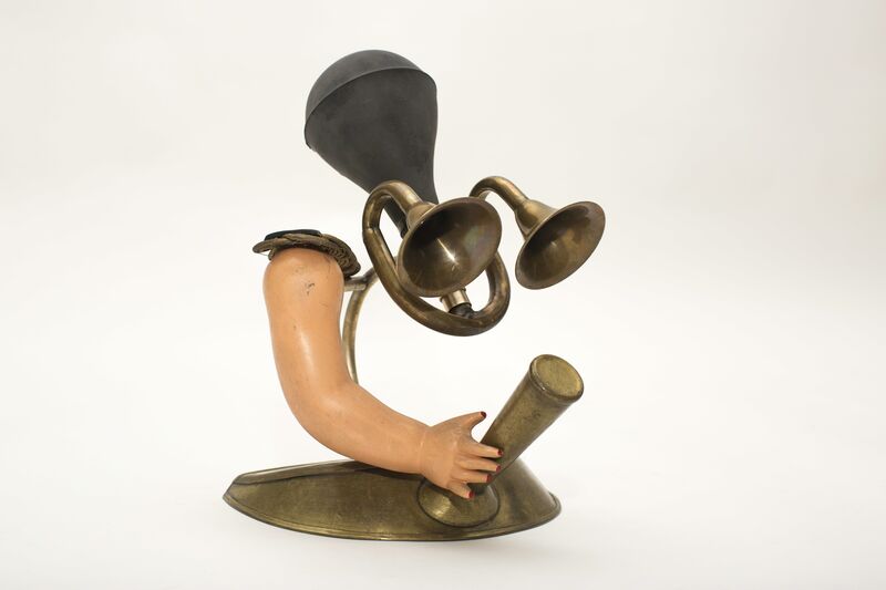 Memed Erdener a.k.a. Extrastruggle, ‘Sin is Sacred’, 2015, Sculpture, Horn, Doll arm, Doner shovel, soldier apoulette, Zilberman Gallery