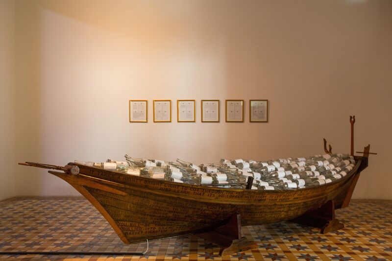 Ahmad Abu Bakar, ‘Telok Blangah’, 2013, Installation, Installation with paint, varnish, glass bottles,
decals, traditional wooden boat, Singapore Art Museum (SAM)