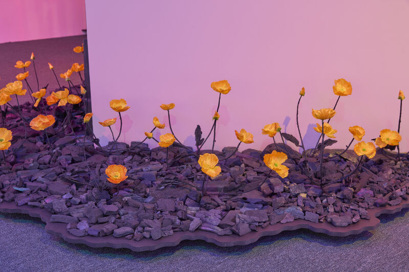 Greg Ito, ‘Home Sweet Home’, 2021, Installation, Wood, sheet rock, enamel, acrylic paint, roofing tiles, carpet, lighting fixtures, fire, faux plants, branches, adhesive, and charcoal, Anat Ebgi