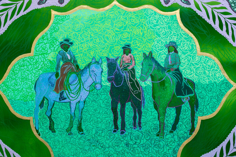 Crystal Latimer, ‘West Bound Royals’, 2020, Painting, Acrylic, pastel, gold leaf, cotton fiber tassel on panel, Paradigm Gallery + Studio