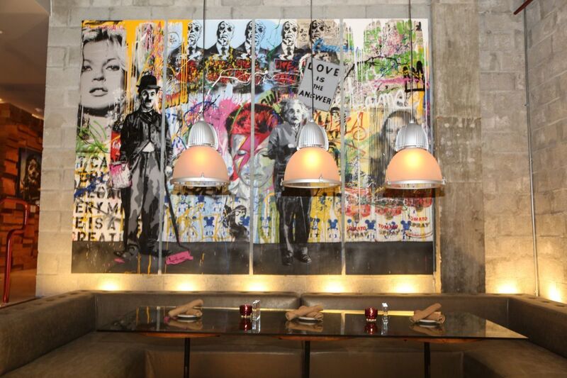 Mr. Brainwash, ‘Juxtapose- Monumental 4-Panel’, 2014, Painting, Stencil, mixed media and spray paint on four 84” x 32” canvases mounted to board, Robin Rile Fine Art