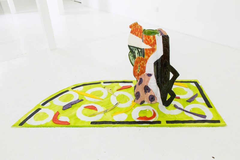 Betty Woodman, ‘Aztec Vase and Carpet #4’, 2012, Installation, Glazed earthenware, epoxy resin, lacquer, paint, canvas, Nina Johnson