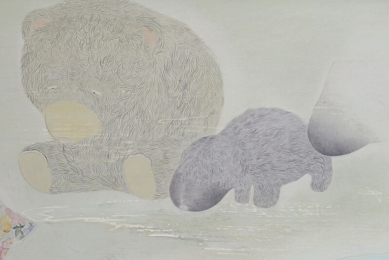 Tomoko Kashiki, ‘Stuffed Toys and floral pillow’, 2019, Painting, Acrylic, linen, wooden panel, Ota Fine Arts