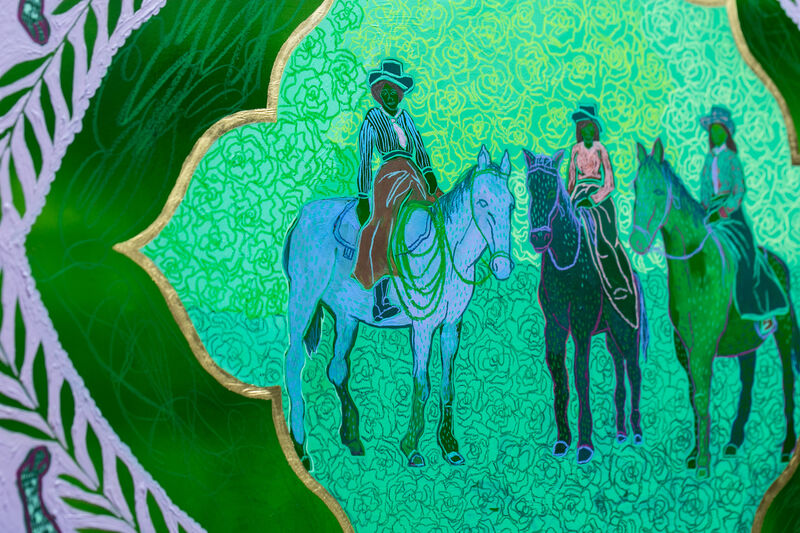 Crystal Latimer, ‘West Bound Royals’, 2020, Painting, Acrylic, pastel, gold leaf, cotton fiber tassel on panel, Paradigm Gallery + Studio