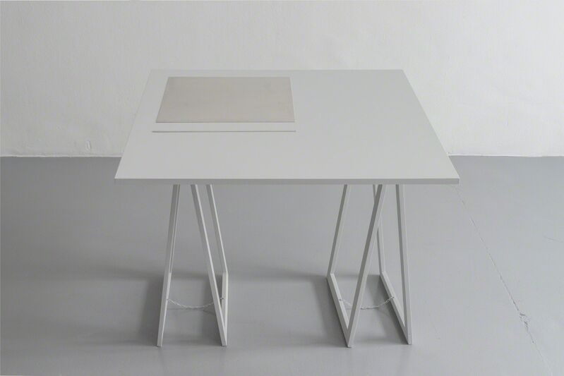 Stanley Brouwn, ‘1 x 1 m, 1m; 1 x 1 ell, 1 ell; 1 x 1 step, 1 step; 1 x 1 foot, 1 foot’, 1991, Sculpture, Two aluminum elements presented on a wooden table, Richard Saltoun